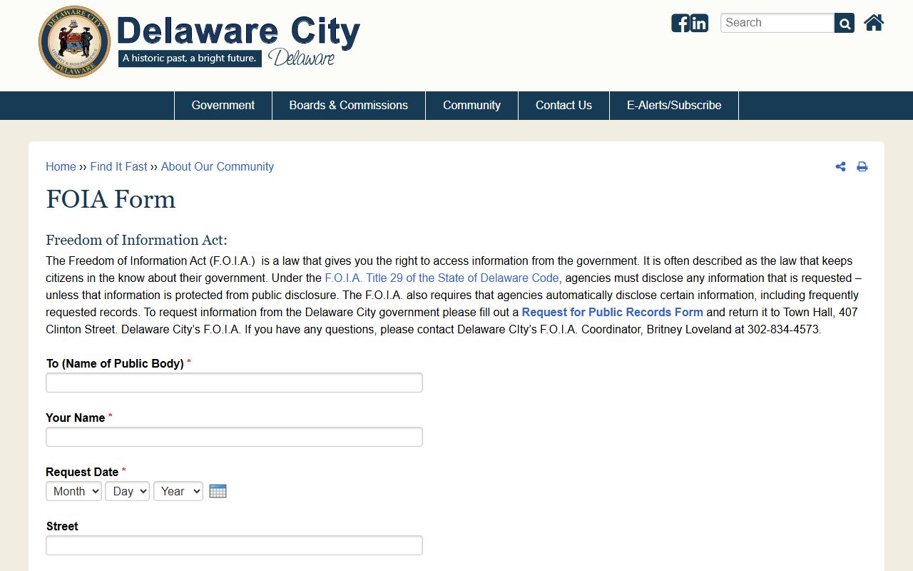 Delaware City Residents Directory FOIA Form
