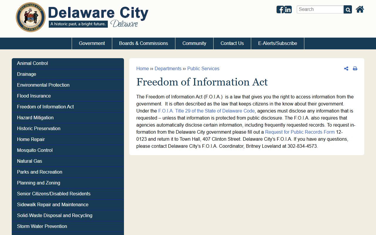 Delaware City Residents Directory Freedom of Information Act page