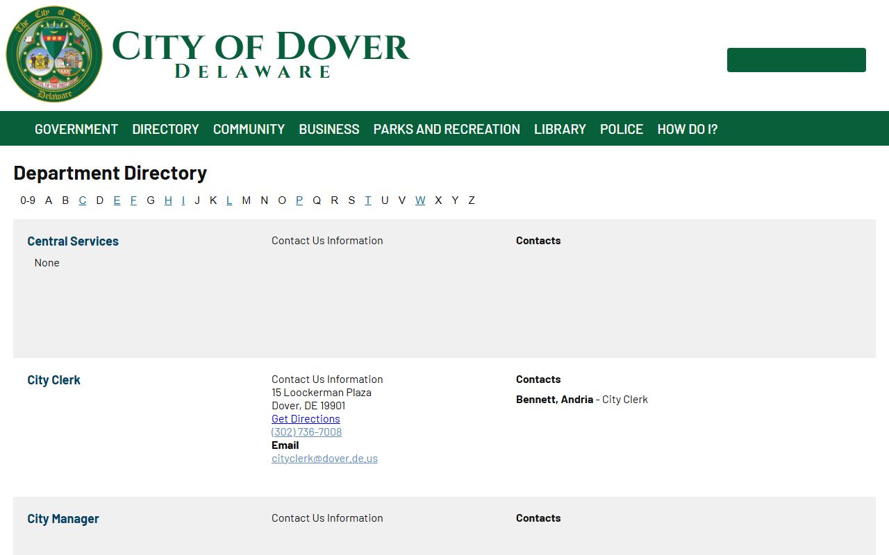 Dover Residents Directory Police Department page