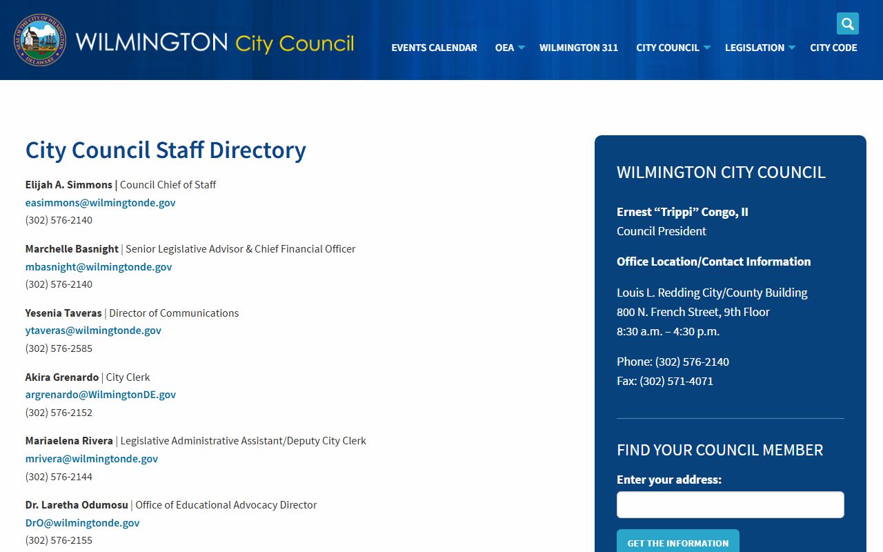 Wilmington Residents Directory City Council staff listing