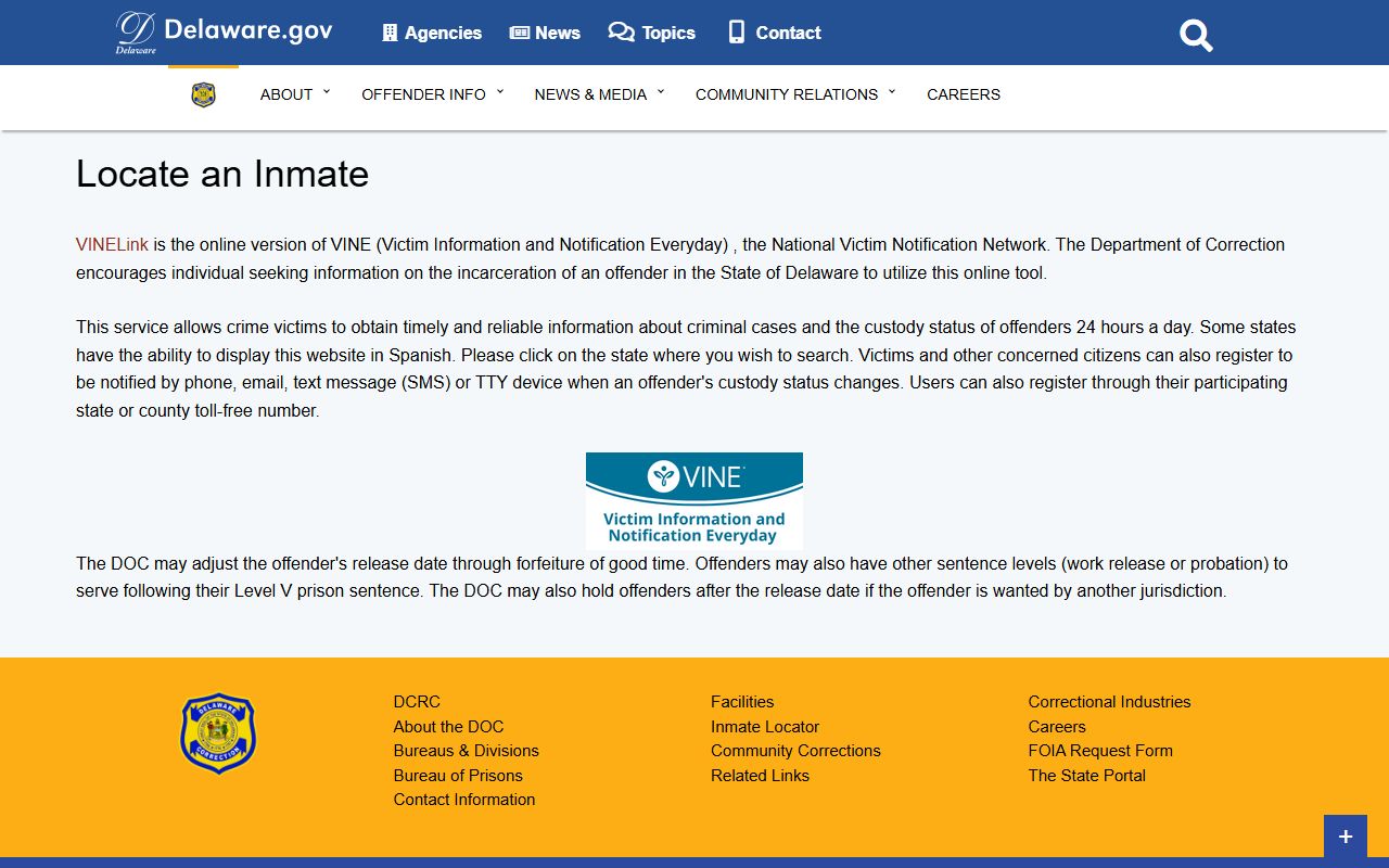 Delaware Residents Directory Department of Correction inmate locator