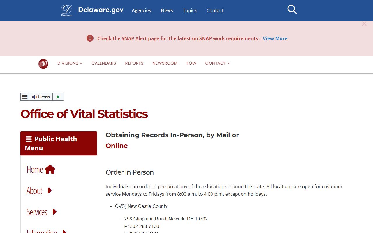 Delaware Residents Directory Office of Vital Statistics