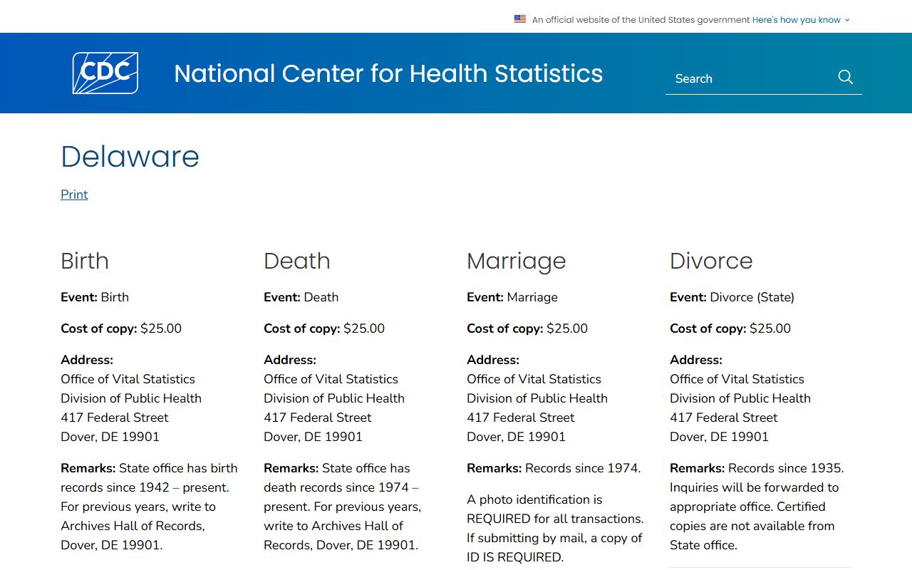 CDC Where to Write Delaware Residents Directory vital records