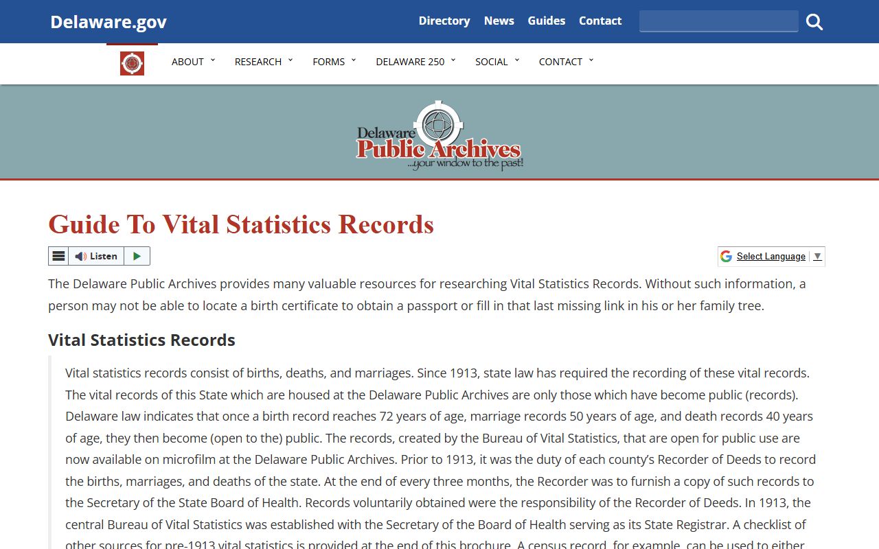 Delaware Residents Directory vital statistics guide